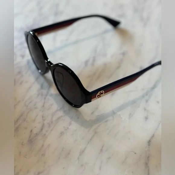 GUCCI 51mm Core Round Frame Black Sunglasses Red Blue Arms & Case Authentic